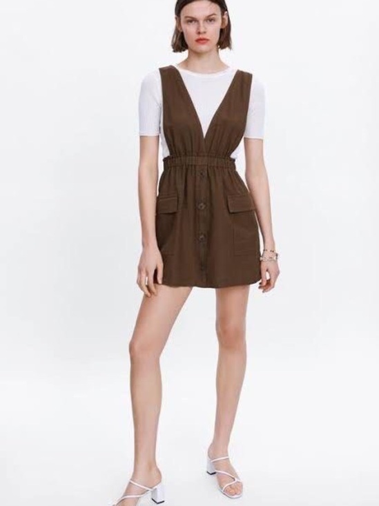Zara Dresses & Skirts - Zara Brown V-Neck Button-Front Mini Pinafore Dress